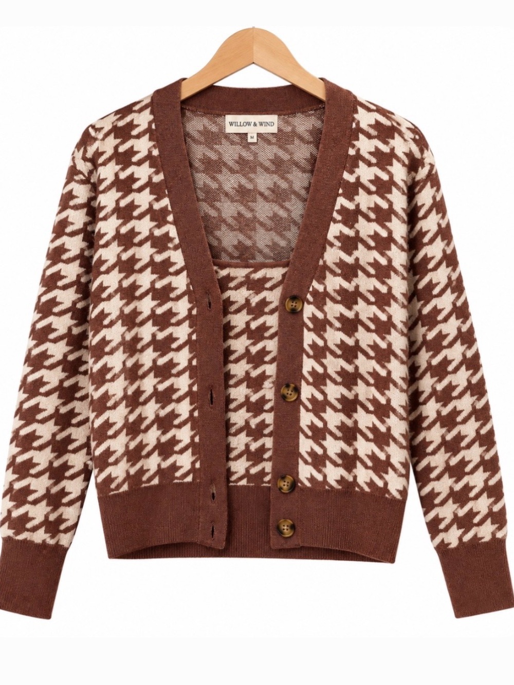 Willow & Wind Brown Houndstooth V-Neck Cardigan